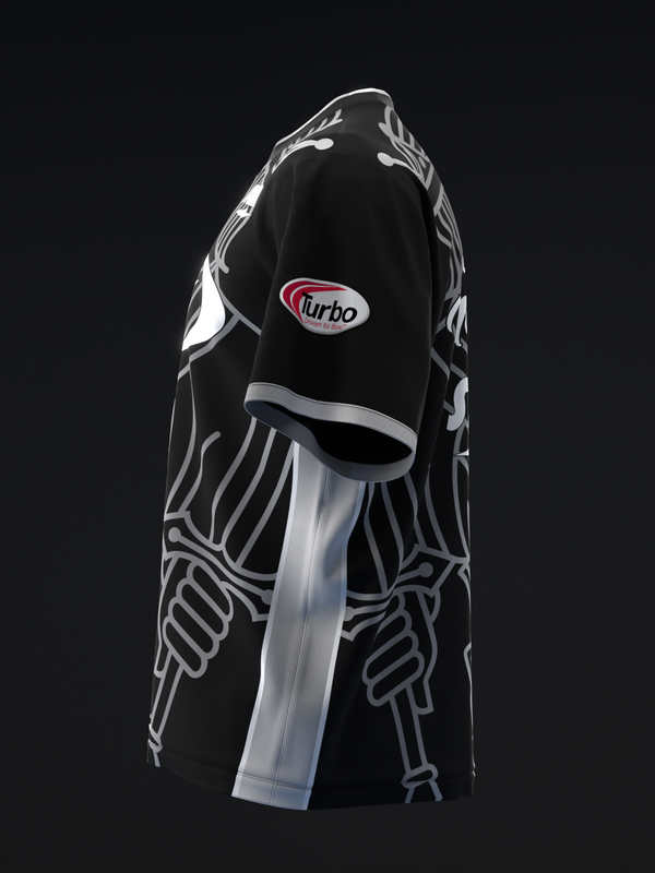 Black bowling jersey with white skeletal graphic design and Turbo logo