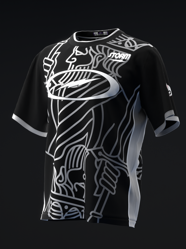 Black bowling jersey with white and gray abstract graphic design, front view