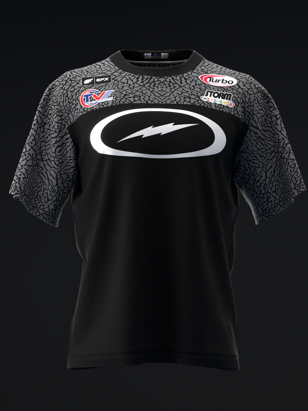 Black bowling jersey with gray textured sleeves, white oval logo and lightning bolt graphic