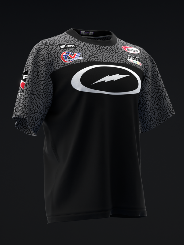 Black bowling jersey with gray textured sleeves and white lightning bolt logo on front