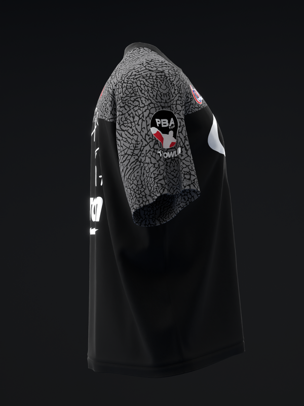Black bowling jersey with gray textured elephant graphic and white side panel details