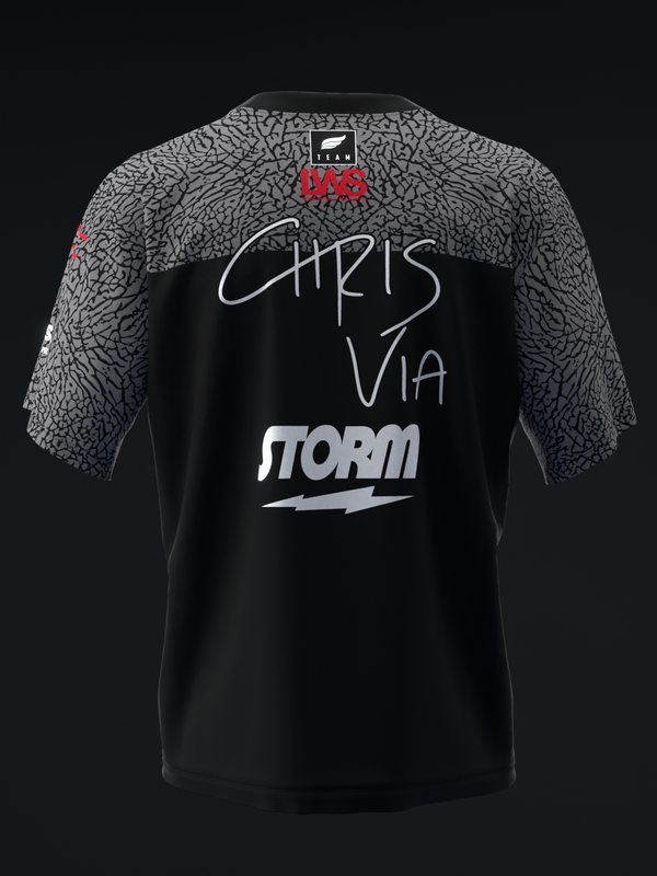 Black bowling jersey with gray textured sleeves and Chris Via Storm graphic design