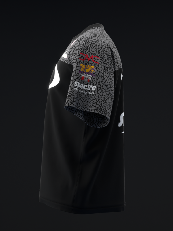 Black bowling jersey with gray textured back panel and colorful graphic text