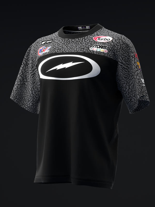 Black bowling jersey with gray textured elephant print sleeves and white oval logo