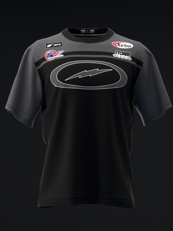 Black and charcoal bowling jersey front with oval logo and brand patches