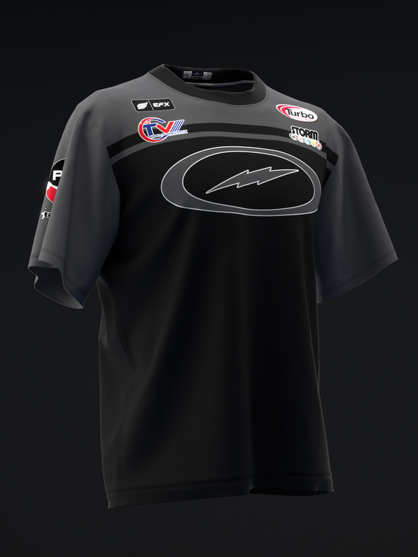 Black bowling jersey with gray sleeves, sponsor logos, and oval graphic design on front