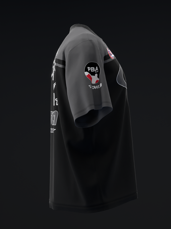 Black and charcoal bowling jersey with PBA logo graphic and stripe detail