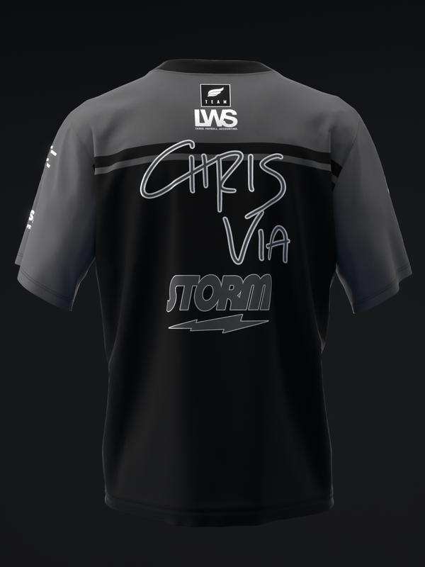 Black bowling jersey with charcoal shoulders and Chris Via Storm graphic back view