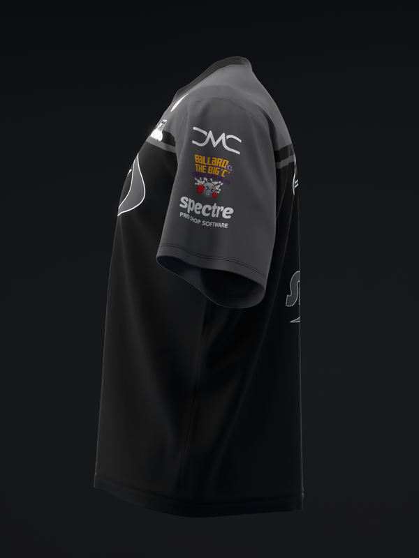 Black bowling jersey with gray sleeves and white sponsor text graphic displayed on side view