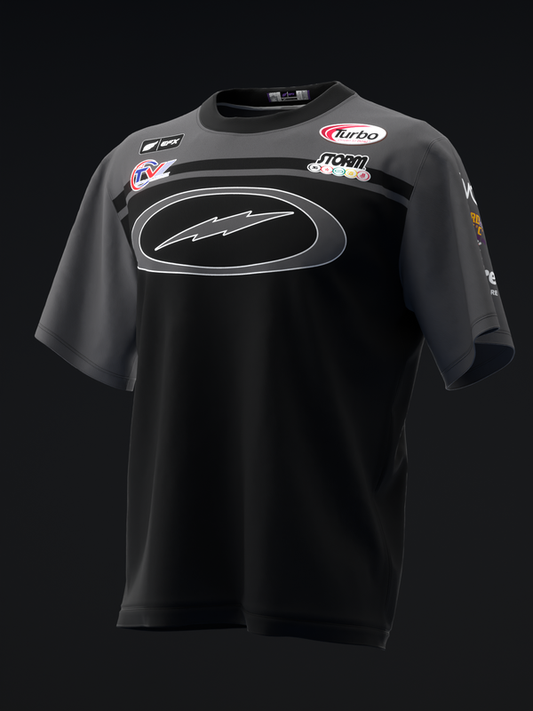 Black and charcoal bowling jersey with sponsor logos and oval graphic design