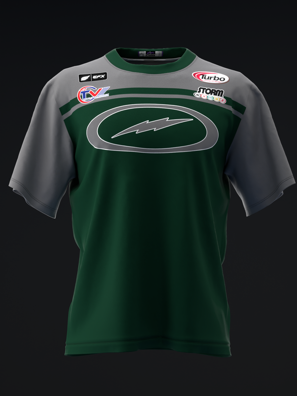Forest green and gray bowling jersey with oval logo and sponsor patches