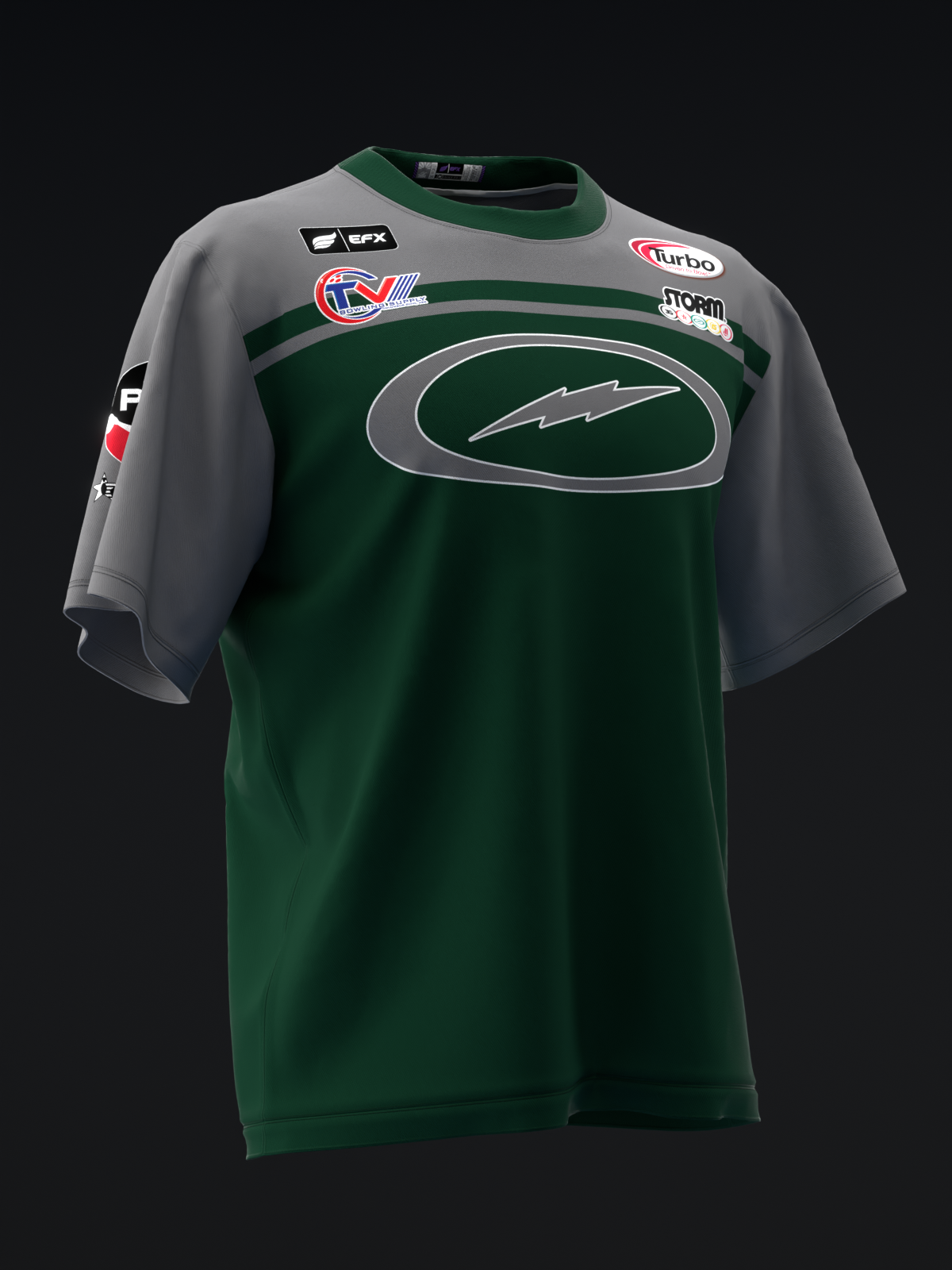 Green and gray bowling jersey with oval lightning bolt graphic and sponsor logos