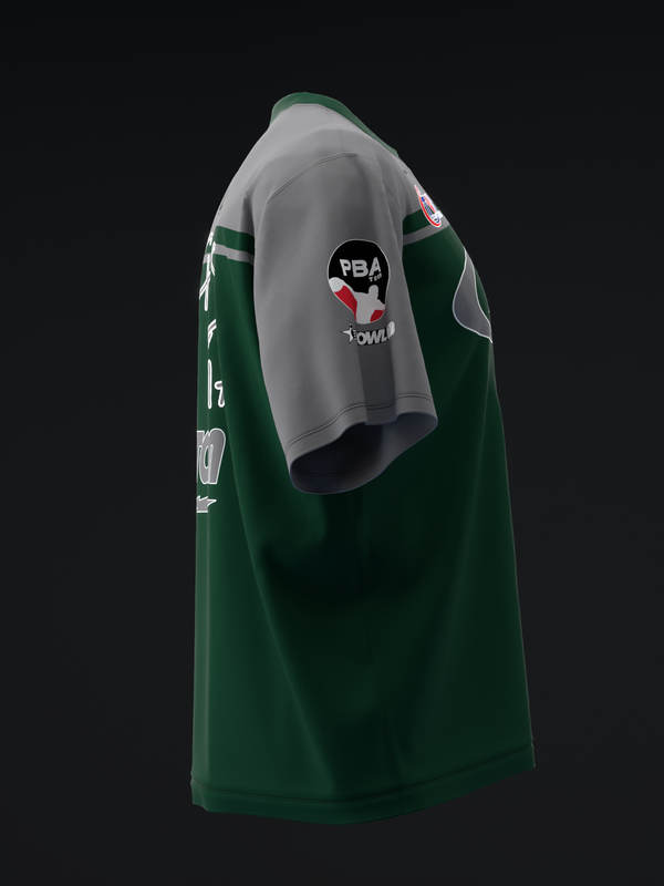 Green and gray bowling jersey with white stripes and PBA logo, side view