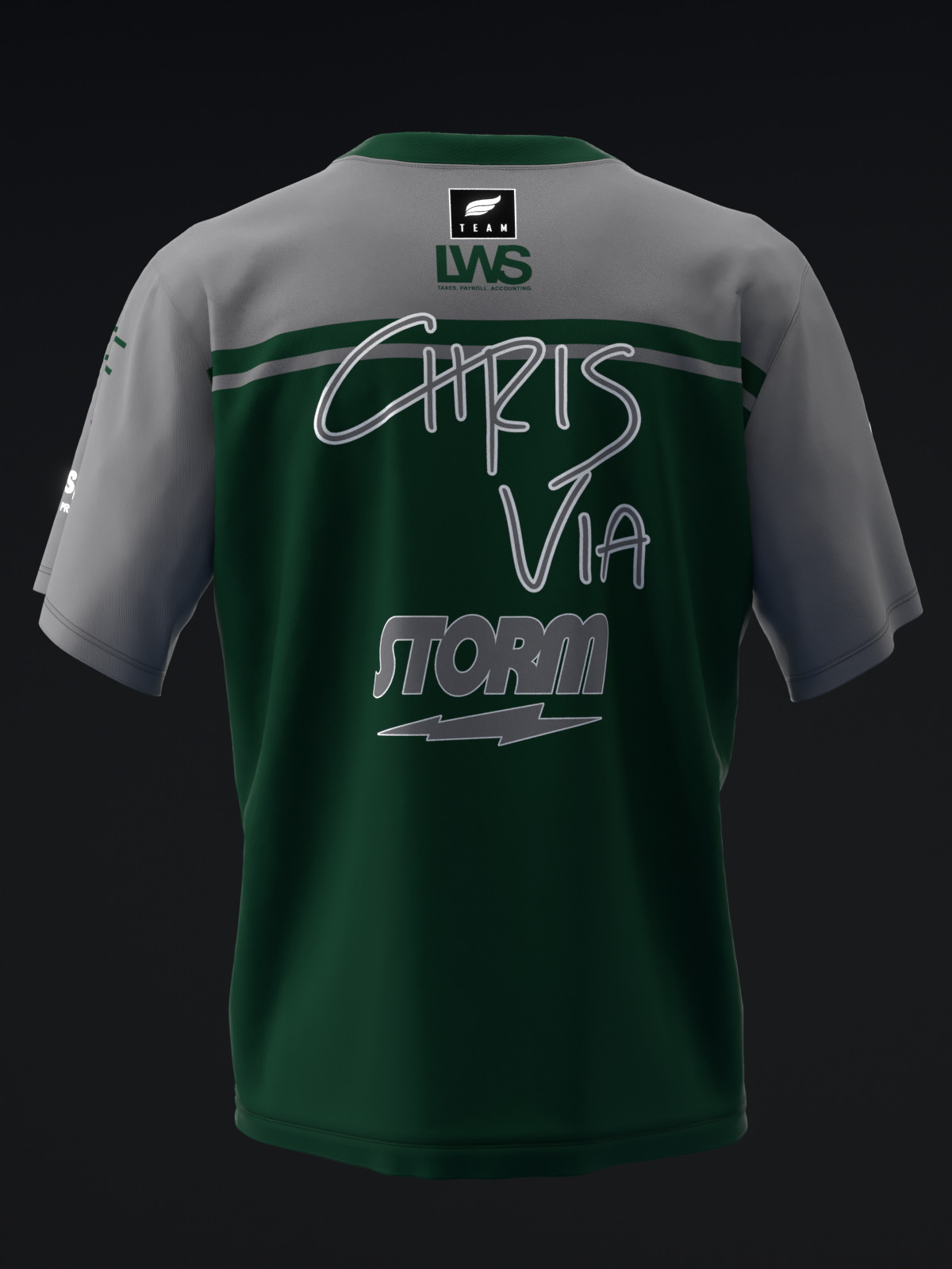 Back view of green and gray bowling jersey with Chris Via Storm graphic and stripes