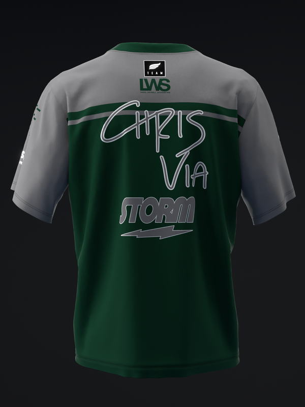 Back view of green and gray bowling jersey with Chris Via Storm graphic and stripes