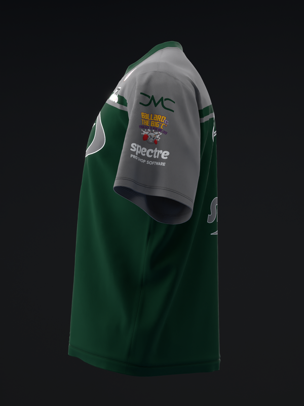Forest green and gray bowling jersey with sponsor logos and text on chest