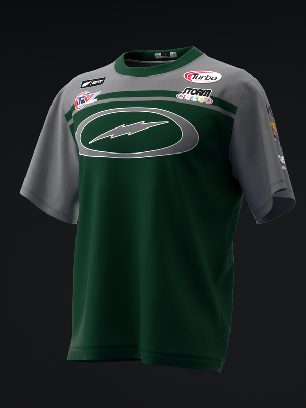 Green and gray bowling jersey with sponsor logos and lightning bolt graphic, front view