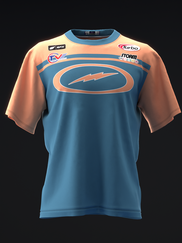 Blue and peach bowling jersey with oval logo and horizontal stripes, front view