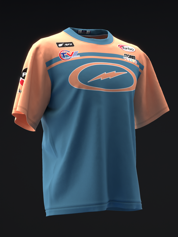 Blue and peach bowling jersey with oval logo and horizontal stripes, front view