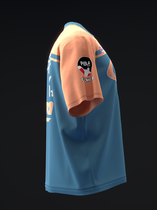 Blue bowling jersey with peach side panels and PBA graphic on chest, side view