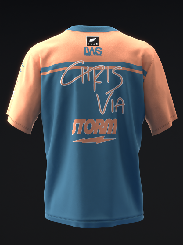 Blue and peach bowling jersey with Chris Via Storm graphic on back
