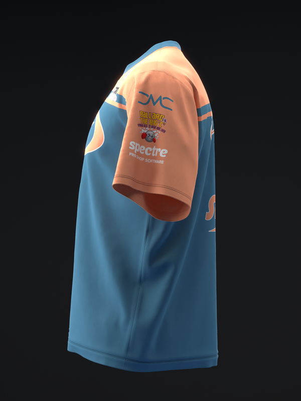 Blue and peach bowling jersey with stripe design and sponsor logos, side view