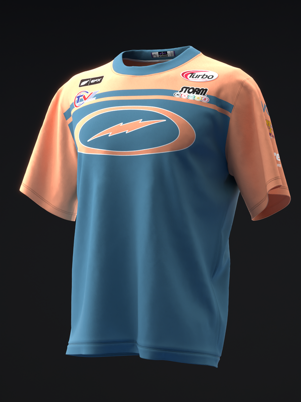 Bowling jersey front view with blue center, peach sleeves, and orange oval graphic