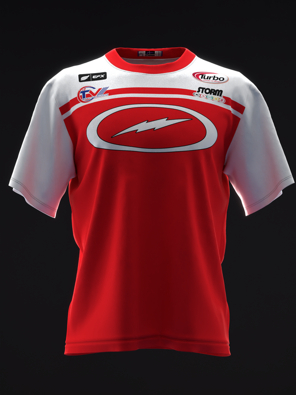Red and white bowling jersey front view with oval lightning bolt graphic