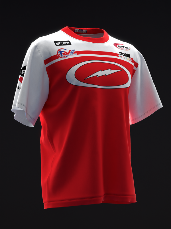 Red and white bowling jersey with horizontal stripes and oval logo front view