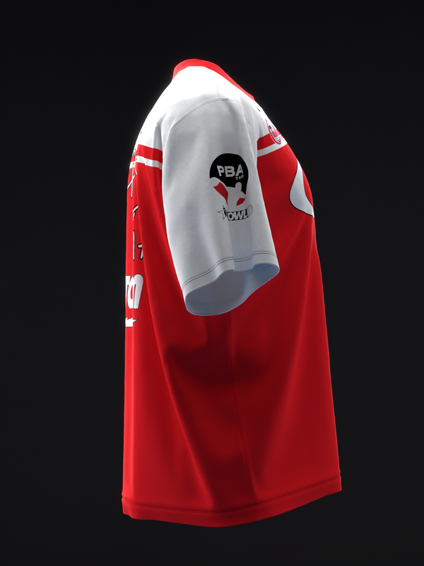 Red and white bowling jersey with stripe design and PBA logo, side view