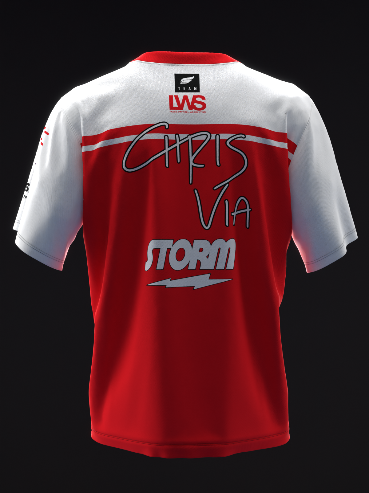 Red and white bowling jersey back view with Storm and Chris Via graphics