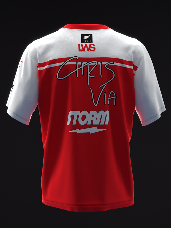 Red and white bowling jersey back view with Storm and Chris Via graphics