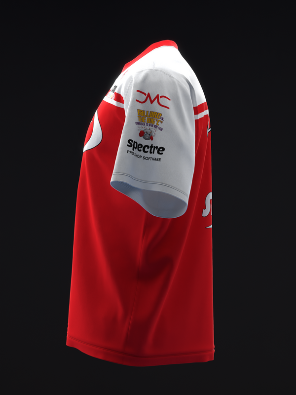 Red and white bowling jersey with sponsor logos on chest, side view