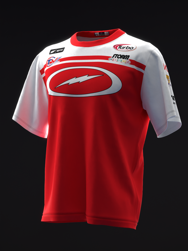 Red and white bowling jersey with silver oval logo and horizontal stripes