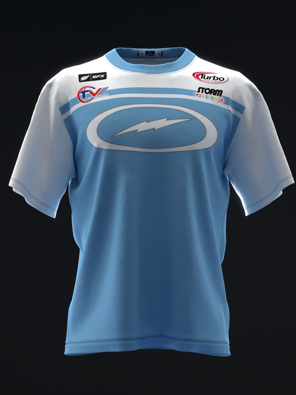 Blue and white bowling jersey with oval logo and horizontal stripe design, front view
