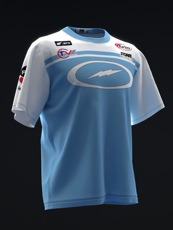 Blue and white bowling jersey with striped design and lightning bolt logo, front view
