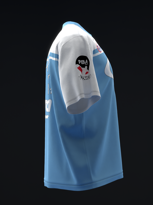 Blue and white bowling jersey with PBA logo graphic on chest, side view
