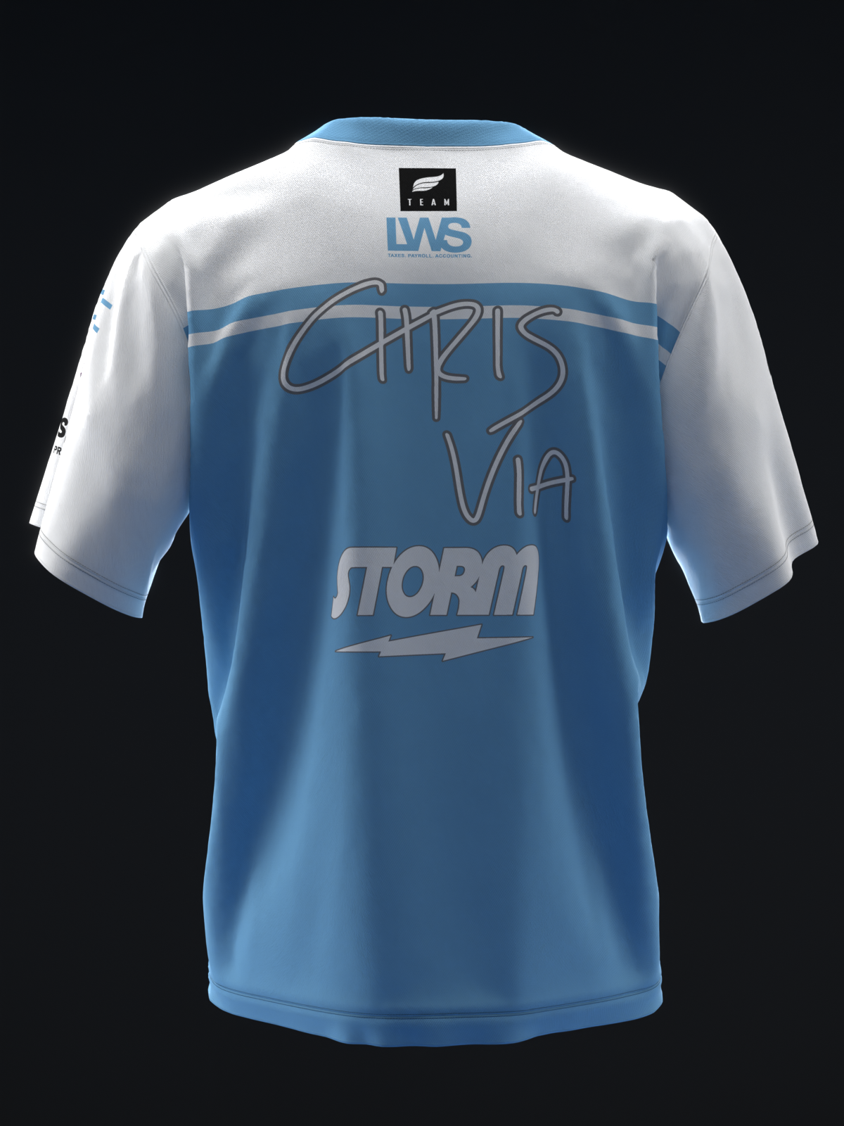 Blue and white bowling jersey with Storm logo and Chris Via signature design back view