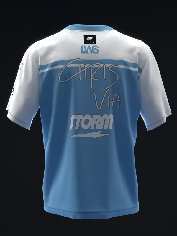 Blue and white bowling jersey with Storm logo and Chris Via signature design back view