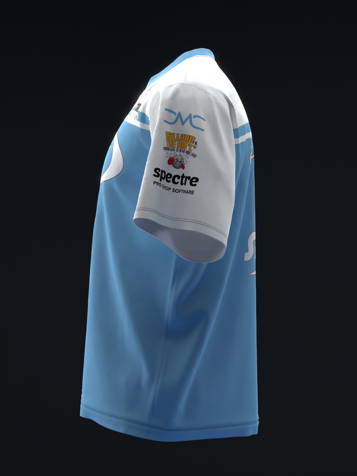 Blue and white bowling jersey with sponsor logos on chest, side view