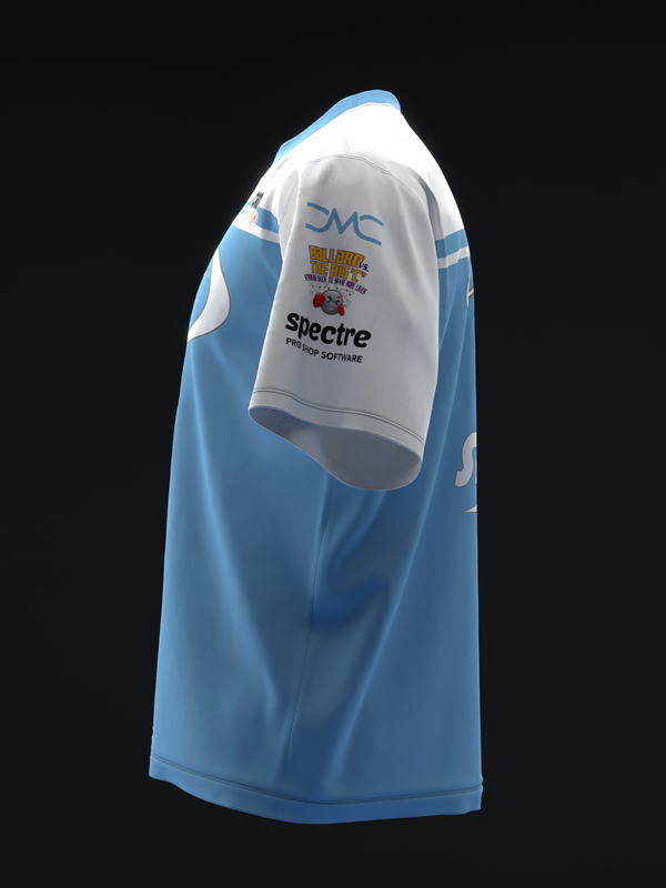 Blue and white bowling jersey with sponsor logos on chest, side view