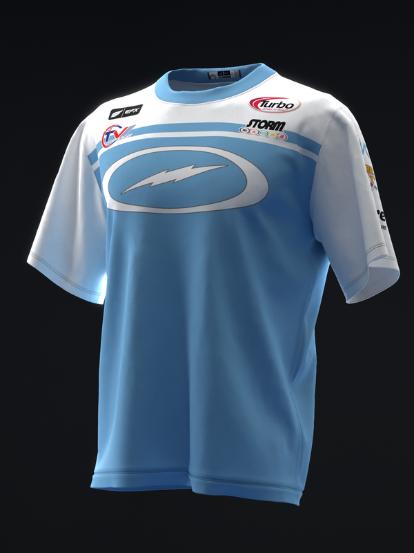 White and blue bowling jersey with large oval logo and sponsor branding on front