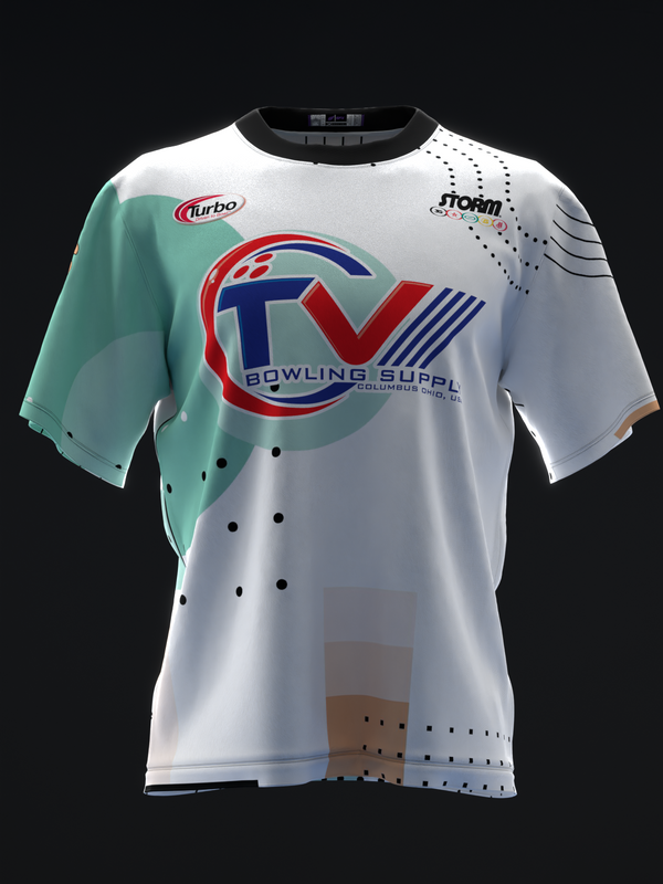 White bowling jersey with teal left sleeve and red, blue logo design front view
