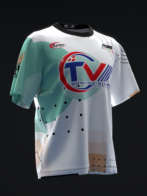 White bowling jersey with turbo and TV bowling supply graphics, front view