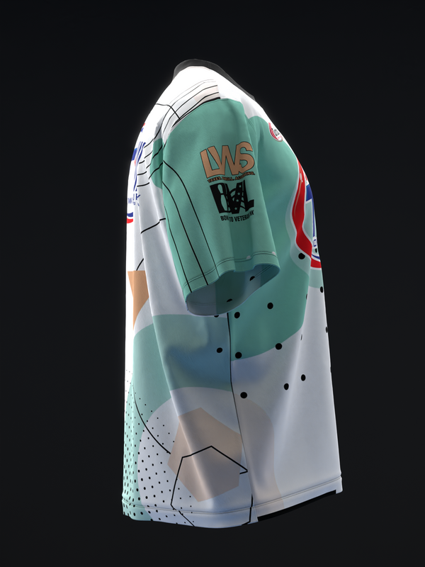 White bowling jersey with mint green and abstract geometric design, side view