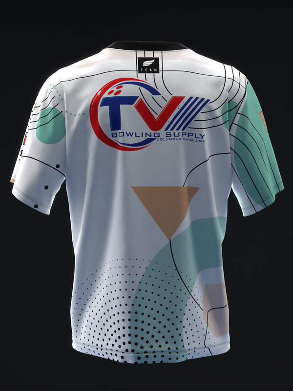 White bowling jersey with red and blue logo, geometric shapes, and dotted pattern detail