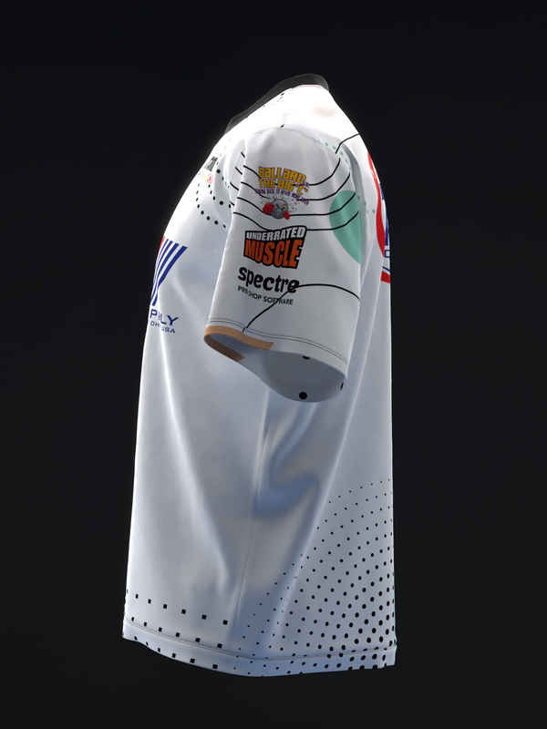 White bowling jersey with colorful graphic design and dotted pattern detail, side view