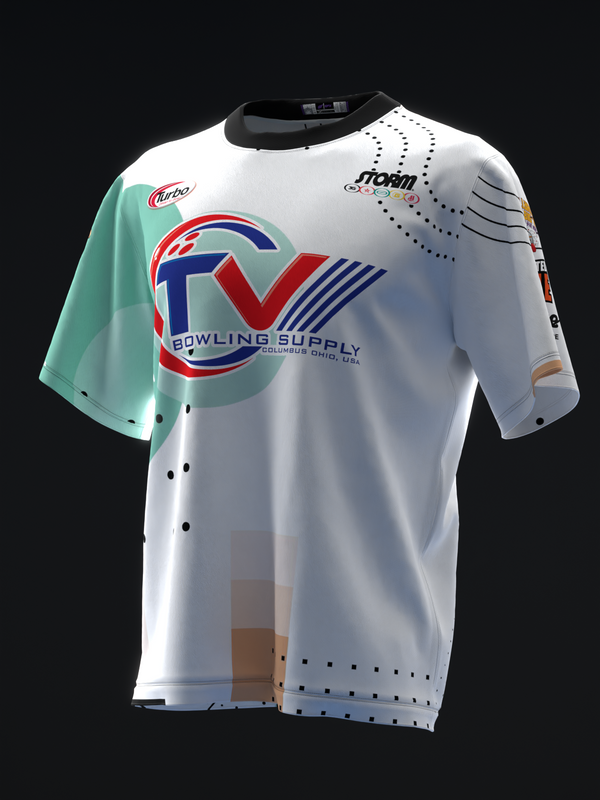 White bowling jersey with mint left sleeve, red and blue geometric logo, dotted design details