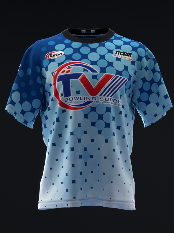 Blue and white bowling jersey with geometric dot and square pattern design