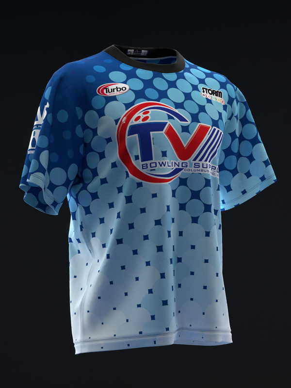 Blue bowling jersey with red circular logo and dot pattern design, front view